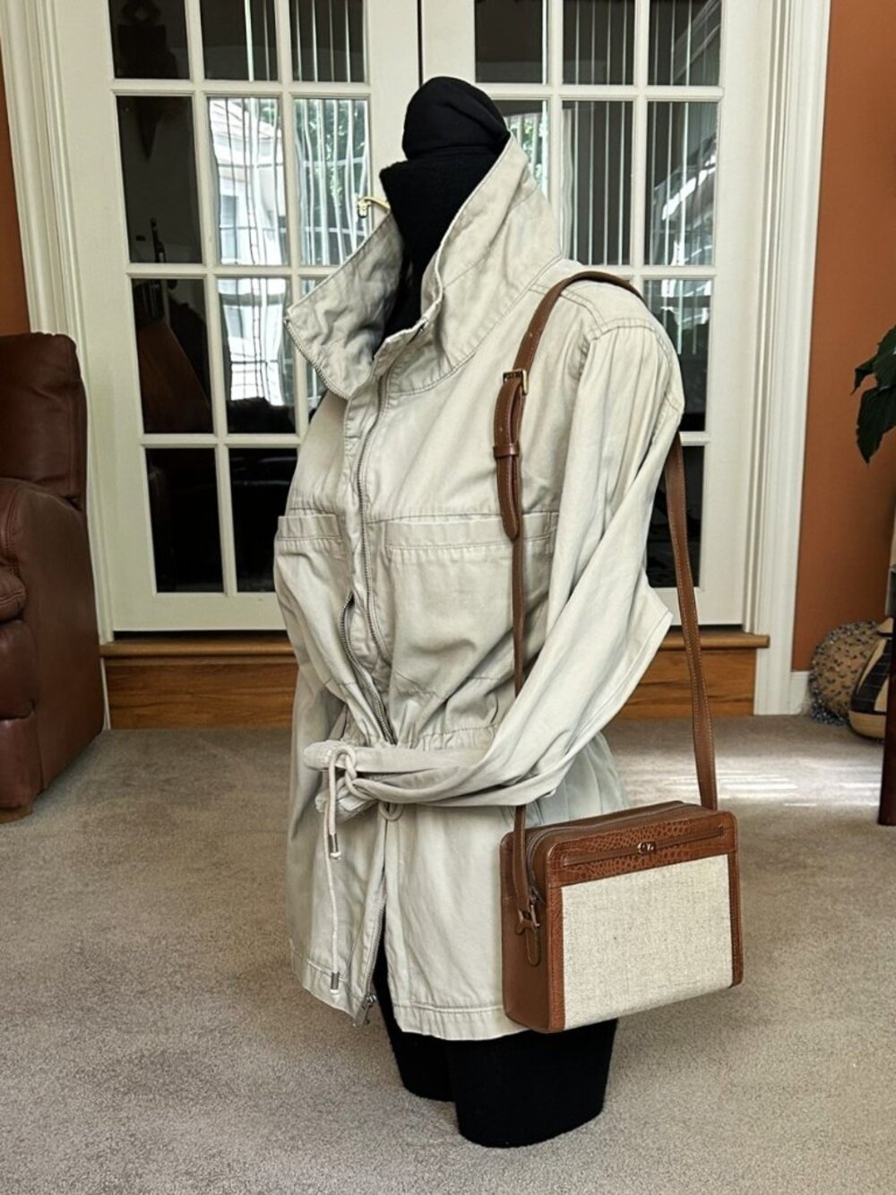 VALENTINO GARAVANI Linen Calfskin Shoulder Bag, Saddle Brown and Natural